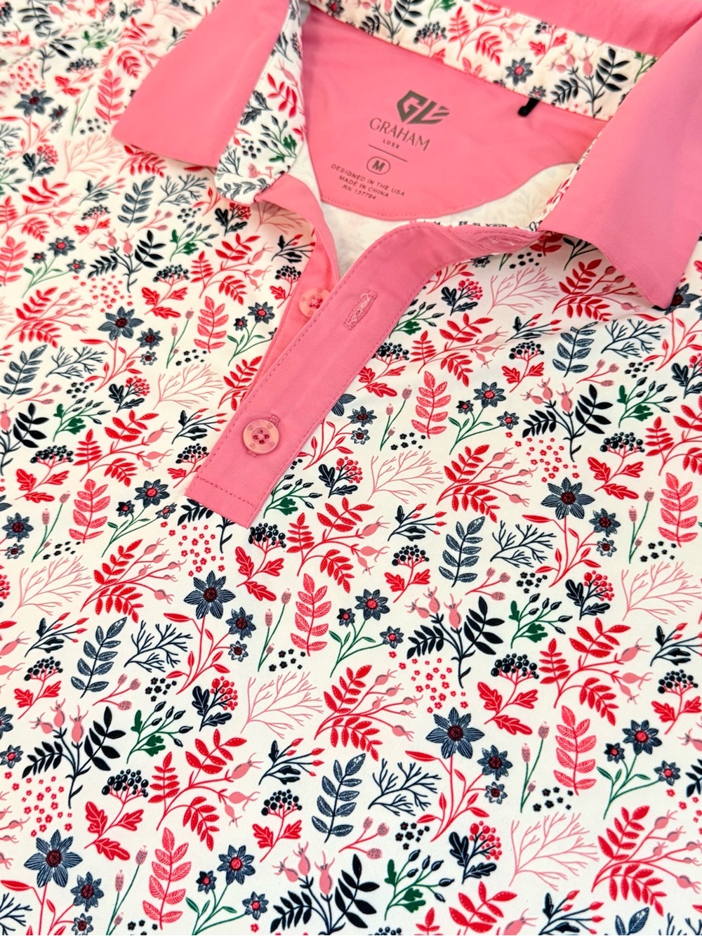 🌾 Graham Luxe Men’s Pink Floral Golf Polo  - Performance Shirt - Picture 3 of 4